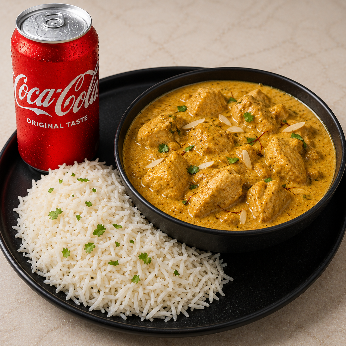 Chicken Korma, Rice and can of drink