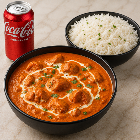 Butter Chicken, Rice and can of drink