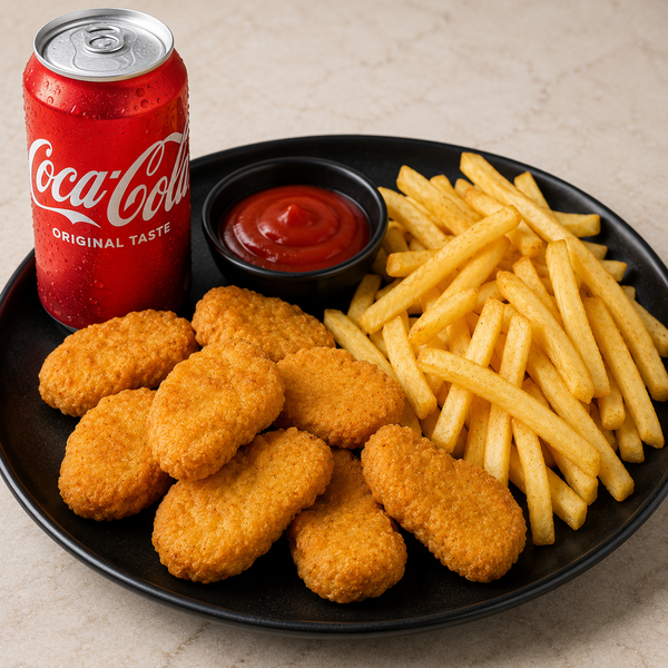 Chicken Nuggets, Chips and can of drink